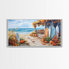 Carregar imagem no visualizador da galeria, Autumn surfboard porch decor scene, Framed Canvas Print with pumpkins and fall leaves on beach, autumn beach house wall art and decor piece

