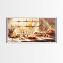Load image into Gallery viewer, Thanksgiving table scene with food, pies and fall decor, Framed Canvas Print with pumpkins sunlight, autumn harvest home wall art and decor
