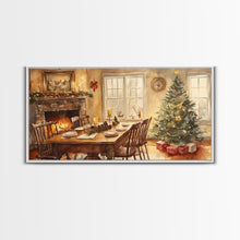 Load image into Gallery viewer, Rustic Christmas dining room scene with a Christmas tree, Framed Canvas Print with a festive table warm fireplace, farmhouse holiday decor
