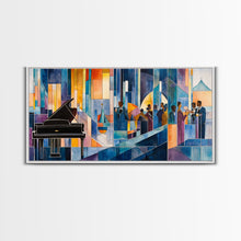 Load image into Gallery viewer, Abstract jazz party scene with grand piano, colorful stained glass aesthetic, framed canvas print ideal vibrant music wall art decor
