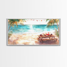 Load image into Gallery viewer, Beach Christmas decor picnic setup with palm trees and lights, framed canvas print showcasing tropical coastal holiday art decor
