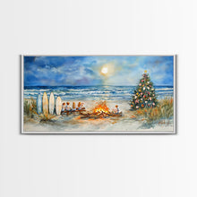 Cargar imagen en el visor de la galería, Christmas bonfire on the beach with surfboards and decorated tree, framed canvas print ideal tropical holiday wall art decor
