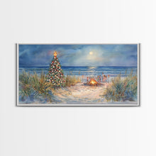 Carregar imagem no visualizador da galeria, Beach Christmas family gathering by the ocean and bonfire, framed canvas print featuring tropical holiday decor wall art
