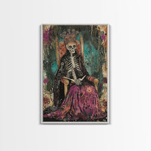 Cargar imagen en el visor de la galería, Skeleton King in Regal Throne Framed Canvas Print, Royalty Decor, Halloween Skeleton Art, Haunted Mansion Wall Art, Gothic Skeleton Print
