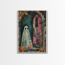 Load image into Gallery viewer, Ghostly Figure at Haunted Door Framed Canvas Print, Halloween Spirit Decor, Spooky Ghost Art, Haunted House Wall Art, Creepy Ghostly Print
