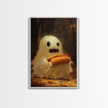 Cargar imagen en el visor de la galería, CHOMP! Cute Lil Ghost Eatin&#39; a Dog, The Hot Dog Ghost, Haunted Hot Dog Thief, Framed Canvas Print, Halloween Art
