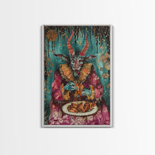 Carregar imagem no visualizador da galeria, A demon eating some hot wings - hope he didn&#39;t sell his soul for them they look pretty good! Halloween Wall Art Framed Canvas
