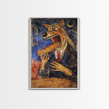 Carregar imagem no visualizador da galeria, Business Werewolf Eating a Hot Dog, Framed Canvas print, Funny Halloween Art, Spooky Season, The Scream Inspired Funny Art
