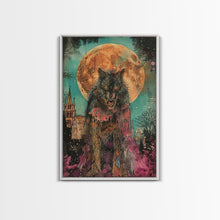 Load image into Gallery viewer, Fierce Werewolf with Blood Moon Framed Canvas Print | Halloween Monster Art | Spooky Werewolf Decor for Home | Intense Full Moon Artwork
