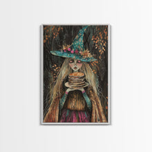 Load image into Gallery viewer, The Witch and Her Pancakes, Breakfast Witch, Framed Canvas Print, Funny Halloween Art
