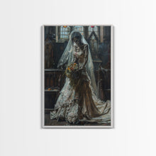 Load image into Gallery viewer, Ghostly Bride in Abandoned Church Framed Canvas Print | Halloween Bride Art | Eerie Bride Decor for Home | Haunted Wedding Artwork
