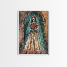 Load image into Gallery viewer, Skeleton Bride in Floral Arch Framed Canvas Print | Halloween Bride Art | Spooky Bride Decor for Home | Gothic Wedding Artwork
