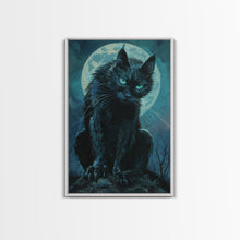 Carregar imagem no visualizador da galeria, Black Cat with Piercing Eyes Against Full Moon | Halloween Wall Art | Spooky Home Decor | Creepy Black Cat Painting | Framed Canvas Print
