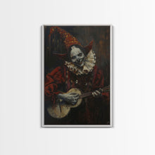 Load image into Gallery viewer, Creepy Clown Playing Guitar, Framed Canvas Print, Spooky Circus Art, Halloween Wall Decor, Horror Clown Illustration, Creepy Home Decor
