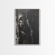 Load image into Gallery viewer, Haunted Nun with Eerie Expression, Framed Canvas Print, Gothic Halloween Art, Spooky Religious Decor, Scary Nun Painting, Gothic Home Art
