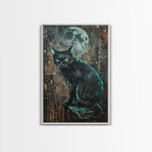 Carregar imagem no visualizador da galeria, Black Cat with Piercing Green Eyes, Framed Canvas Print, Spooky Cat Art, Witchy Feline Decor, Halloween Wall Art, Gothic Cat Decor
