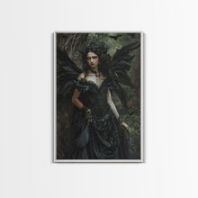 Load image into Gallery viewer, Dark Angel with Glowing Eyes in Haunted Forest - Mysterious Gothic Framed Canvas Print, Halloween Wall Art Decor
