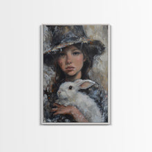 Load image into Gallery viewer, Enchanting Witch with White Rabbit in Serene Autumn Setting - Mystical Forest Art Framed Canvas Print, Halloween Home Decor
