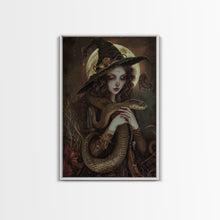 Load image into Gallery viewer, Witch Holding Snake under Full Moon - Dark Forest Sorcery Gothic Art Framed Canvas Print, Halloween Witchy Decor
