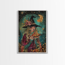 Load image into Gallery viewer, Summer Witch and Her Slice Of Pizza, Framed Canvas Print, Cute / Funny Halloween Art
