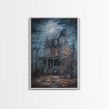 Carregar imagem no visualizador da galeria, Abandoned House Under Moon Full Halloween Art, Spooky Mansion, Haunted Home, Creepy Decor, Gothic Artwork, Framed Canvas Print
