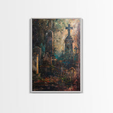 Load image into Gallery viewer, Gloomy Cemetery Halloween Art, Spooky Graveyard, Haunted Cemetery, Creepy Gravestones, Dark Artwork, Framed Canvas Print
