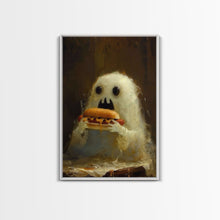 Load image into Gallery viewer, Cute Ghost Chompin on A Hot Dog, Ghostly Hot Dog Thief, Framed Canvas Print, Funny Halloween Spooky Season Art
