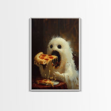 Load image into Gallery viewer, Cute Ghost Chompin on A Pizza, Ghostly Pizza Pirate, Framed Canvas Print, Funny Halloween Spooky Season Art
