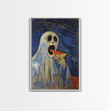 Load image into Gallery viewer, Spooky Ghost Eatin a Pizza, YUM! Funny Halloween Art
