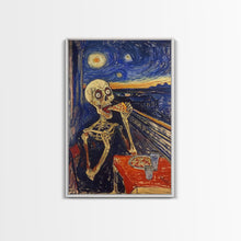 Load image into Gallery viewer, Spooky Skeleton Dude Eatin&#39; a Pizza, Starry Night Inspired Funny Halloween Art, Framed Canvas Print
