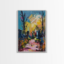 Cargar imagen en el visor de la galería, Colorful Haunted Cemetary, Springtime Halloween Mashup, Spooky Season Vibes, Framed Canvas Print, Haunted Graveyard
