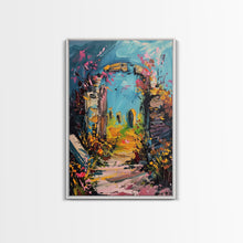 Load image into Gallery viewer, Ruined Archway Framed Canvas Print, Halloween Art, Haunted Garden, Spooky Ruins, Eerie Pathway, Fall Decor, Gothic Wall Art, Haunted Decor

