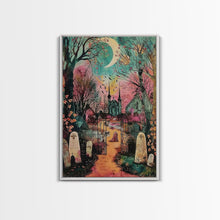 Load image into Gallery viewer, Creepy Moonlit Trees Framed Canvas Print, Haunted Forest Art, Halloween Night Scene, Eerie Woods Decor, Spooky Artwork, Framed Canvas Print
