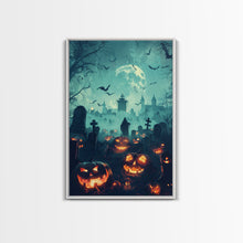 Cargar imagen en el visor de la galería, Bats and Jack-O-Lanterns Framed Canvas Print, Halloween Wall Art, Haunted Graveyard, Home Decor, Spooky Art, Living Room Decor, Gothic Art
