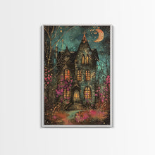 Load image into Gallery viewer, Enchanted Gothic House Framed Canvas Print, Halloween Wall Art, Spooky Art, Home Decor, Living Room Decor, Gothic Artwork, Haunted House
