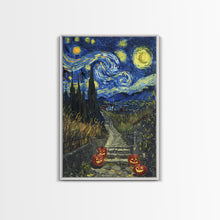 Load image into Gallery viewer, Spooky Starry Night Inspired Haunted Grave Yard Framed Canvas Print, Spooky Season Halloween Art
