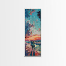 Load image into Gallery viewer, Framed Canvas Oil Painting of Sunset on Beach, Coastal Wall Art Print, Colorful Beach Art, Impasto Painting, Long and Narrow Landscape Art
