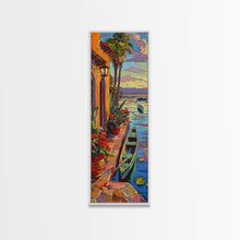 Cargar imagen en el visor de la galería, Long Narrow Vertical Wall Art Print of Beachside Landscape, Sunset Wall Art Print, Nautical Wall Art Framed on Canvas, Colorful Beach Art
