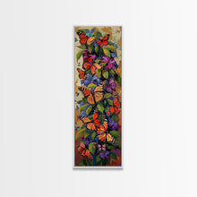 Cargar imagen en el visor de la galería, Colorful Butterfly Vertical Framed Canvas Oil Painting, Abstract Botanical Wall Art, Gouache Style Painted Art, Housewarming Gift for Her

