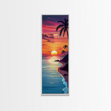Cargar imagen en el visor de la galería, Coastal Sunset Palm Trees Midcentury Modern Art - Framed Canvas Print, Boho Art, Skinny Art, Living Room Art, Bedroom Decor, Tropical Landscape
