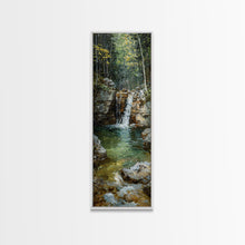 Carregar imagem no visualizador da galeria, Framed Canvas Print Skinny Art of a Serene Waterfall Cascading into a Tranquil Pool in a Lush Forest Landscape, Perfect Tall Art for Nature Lovers
