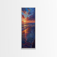 Load image into Gallery viewer, Framed Canvas Print of a Colorful Skinny Art Sunset Over the Ocean with a Vibrant Sky Reflecting on the Water in this Tall Coastal Landscape Art
