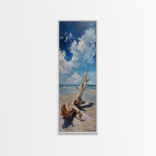 Carregar imagem no visualizador da galeria, Framed Canvas Print Tall Art Featuring a Piece of Driftwood on a Sandy Beach with Bright Blue Sky and Ocean Waves, Ideal Skinny Art for Coastal Homes
