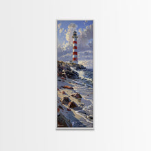 Carregar imagem no visualizador da galeria, Framed Canvas Print Skinny Art of a Majestic Lighthouse Standing Tall Against a Bright Blue Sky with Waves Crashing on Rocky Shores, Perfect Tall Art
