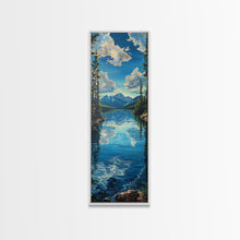 Carregar imagem no visualizador da galeria, Framed Canvas Print Skinny Art of a Clear Lake Surrounded by Pine Trees with Majestic Mountains in the Distance Under a Blue Sky, Ideal Tall Landscape Art
