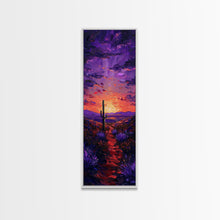 Cargar imagen en el visor de la galería, Colorful Sunset Over a Desert Landscape with a Saguaro Cactus and Dramatic Sky on a Framed Canvas Print Skinny Art Piece
