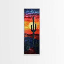 Load image into Gallery viewer, Desert Landscape with Saguaro Cactus Silhouette Against a Fiery Sunset on a Framed Canvas Print Skinny Art Piece
