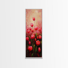 Load image into Gallery viewer, Vibrant Red Tulips in Bloom Against a Soft Pink Background on a Framed Canvas Print Skinny Art Piece
