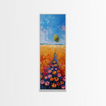 Load image into Gallery viewer, Colorful Wildflowers in a Field with a Lone Tree Under a Bright Blue Sky on a Framed Canvas Print Tall Art Piece
