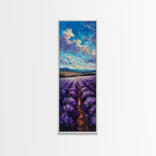Carregar imagem no visualizador da galeria, Framed Canvas Print of Wide Lavender Fields Under a Bright Sky Featuring Skinny Tall Art for Stunning Wall Decor in Home or Office

